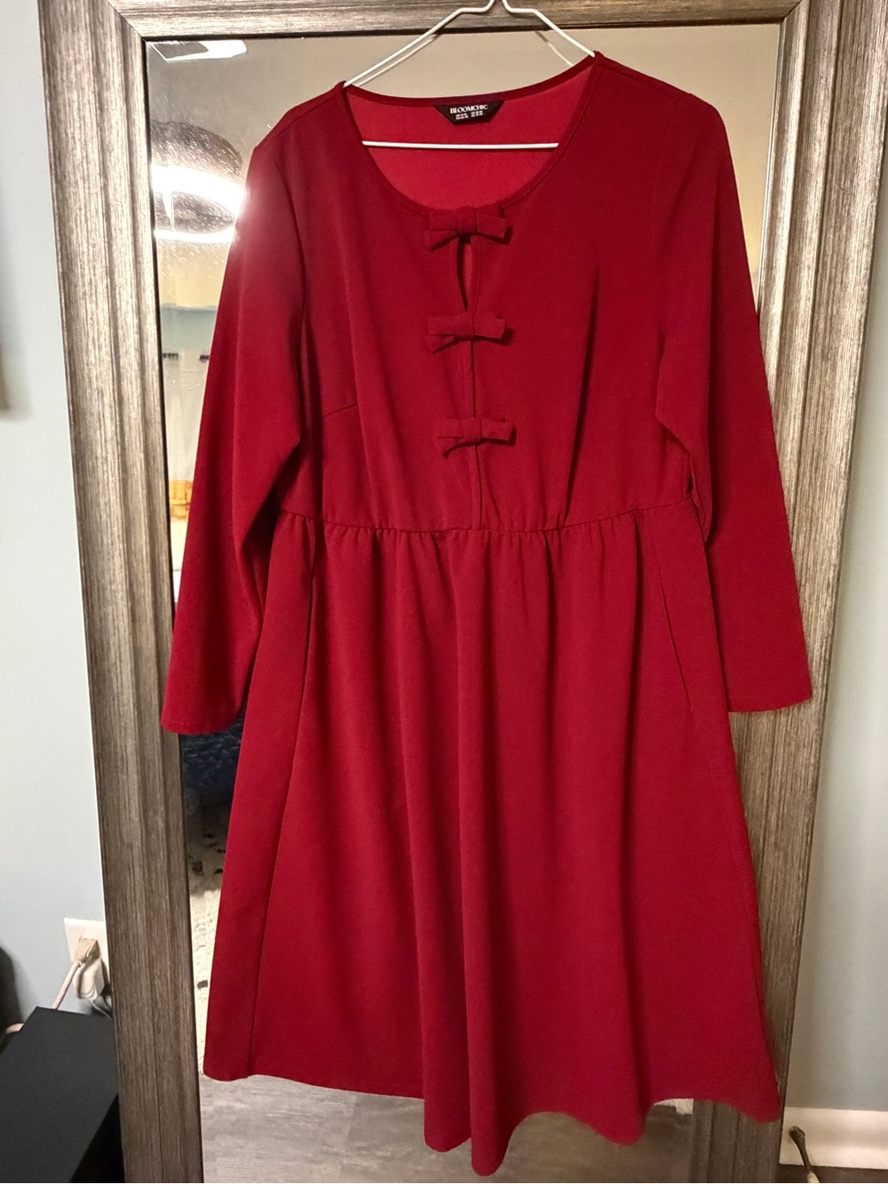 BloomChic Red Long-Sleeve Bow-Accent Dress
